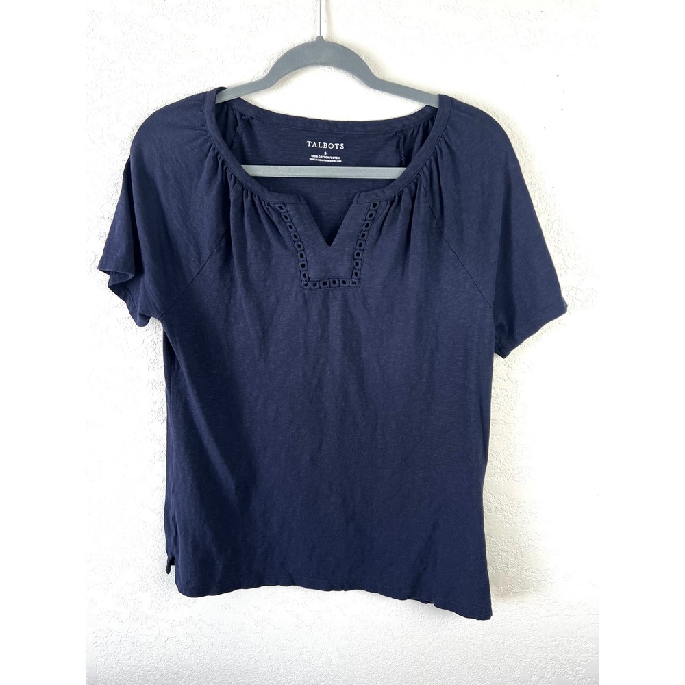 Talbots Navy Cotton V Neck Top‎ Size Small 
Eyelet Detail Classic